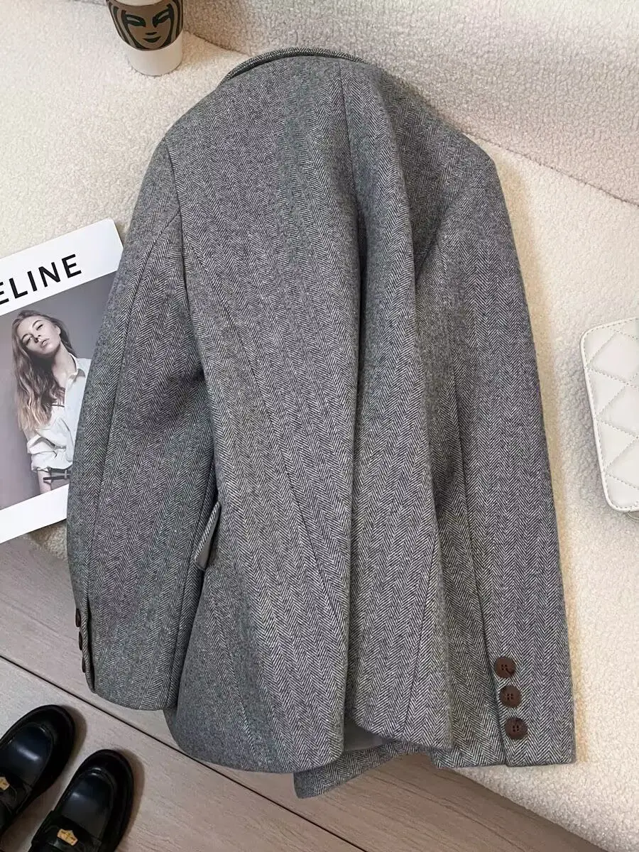 Grey Herringbone Pattern Woolen Suit Jacket for Women 2026 New Autumn Winter Retro Commuting Casual Top Female Single Breasted