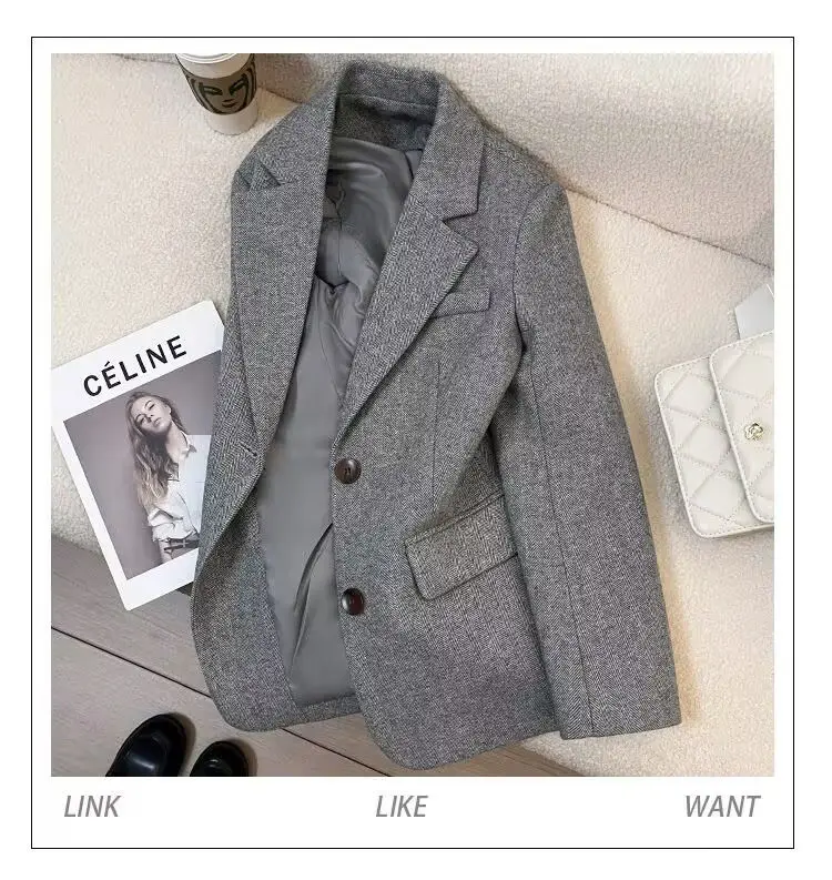 Grey Herringbone Pattern Woolen Suit Jacket for Women 2026 New Autumn Winter Retro Commuting Casual Top Female Single Breasted