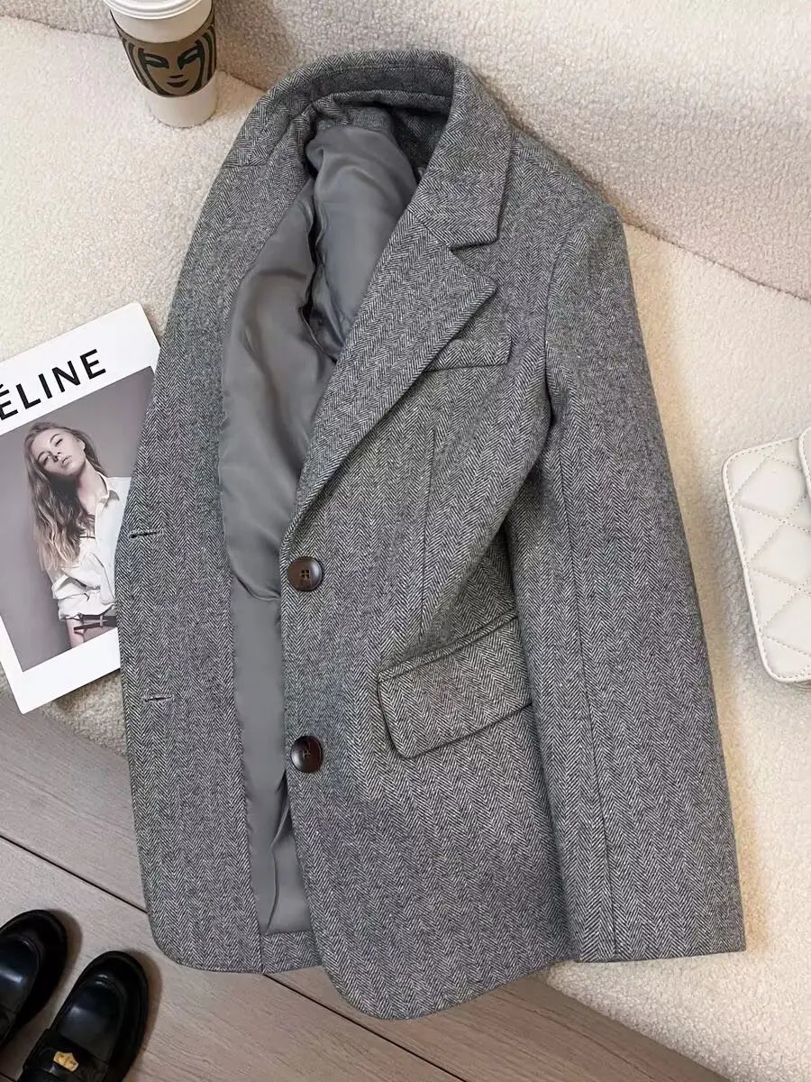 Grey Herringbone Pattern Woolen Suit Jacket for Women 2026 New Autumn Winter Retro Commuting Casual Top Female Single Breasted
