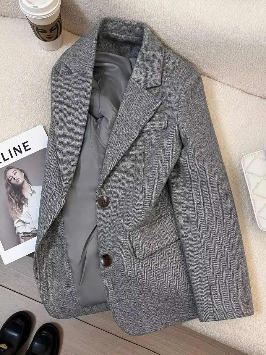 Grey Herringbone Pattern Woolen Suit Jacket for Women 2026 New Autumn Winter Retro Commuting Casual Top Female Single Breasted