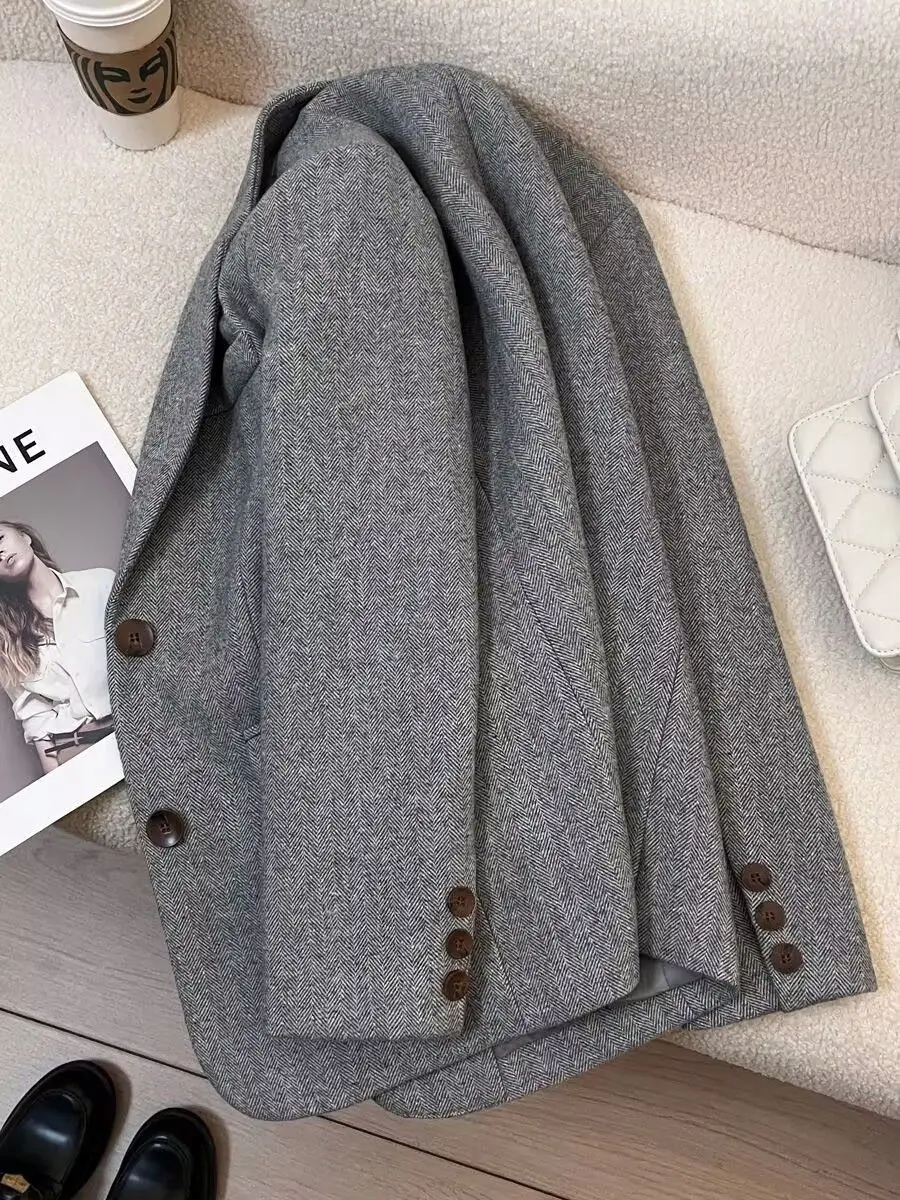 Grey Herringbone Pattern Woolen Suit Jacket for Women 2026 New Autumn Winter Retro Commuting Casual Top Female Single Breasted