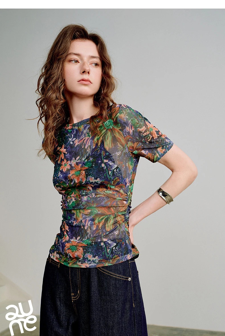 TOYOUTH Women T-Shirts 2026 Spring New Mesh Silky Printed Short Sleeve Hot Girl Style Tops