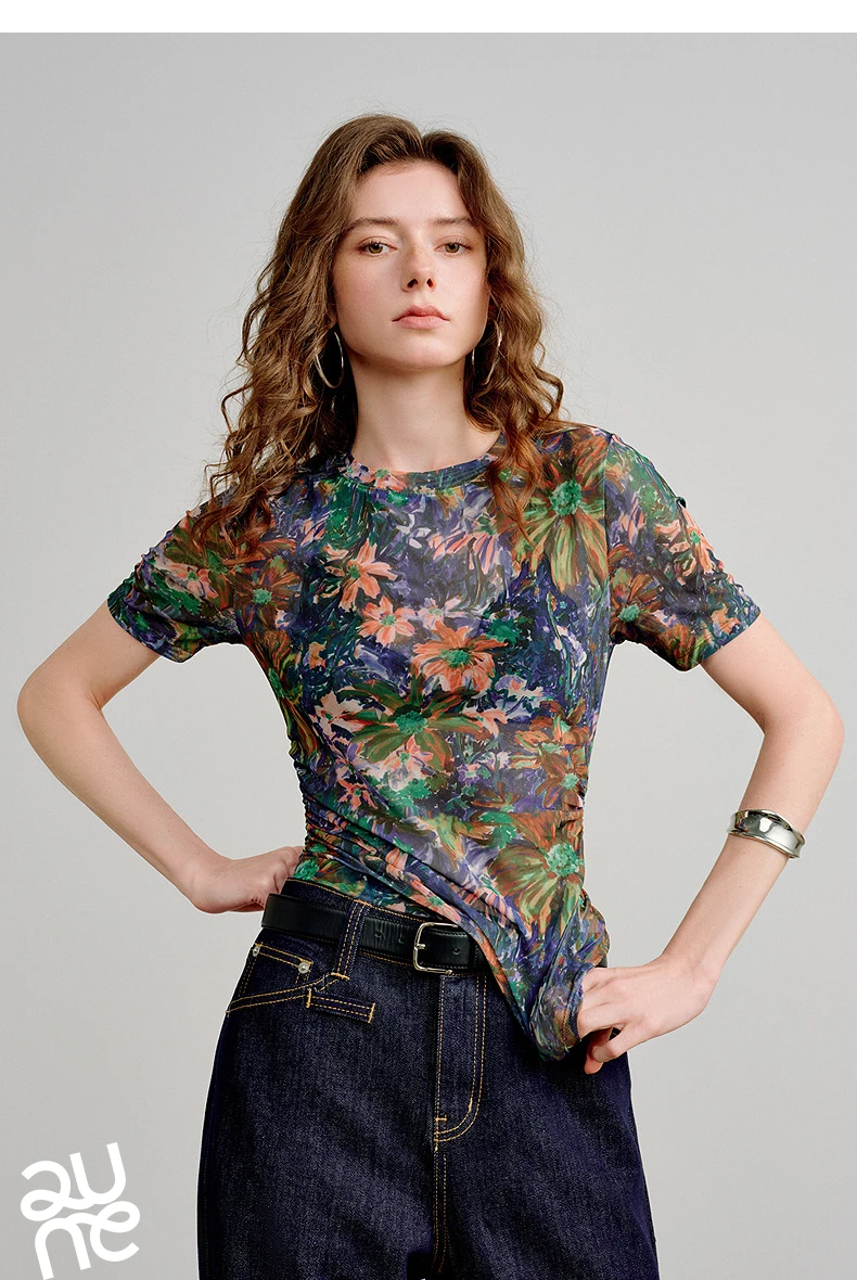TOYOUTH Women T-Shirts 2026 Spring New Mesh Silky Printed Short Sleeve Hot Girl Style Tops