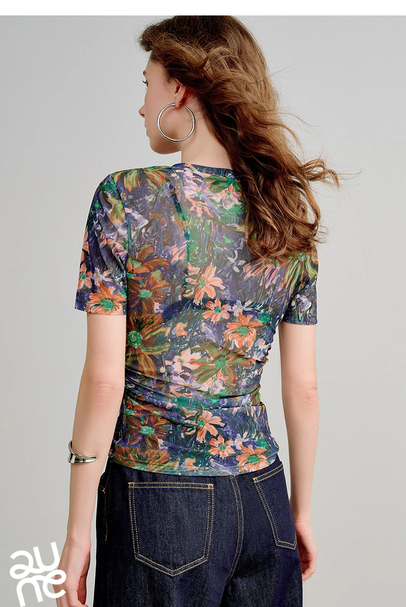 TOYOUTH Women T-Shirts 2026 Spring New Mesh Silky Printed Short Sleeve Hot Girl Style Tops