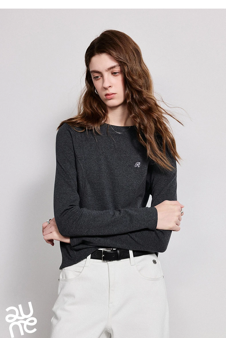 TOYOUTH Women T-Shirts 2026 Spring New Split Splicing Slim Fit Crew Neck Long Sleeve Figure Flattering Base Layer Casual Tops