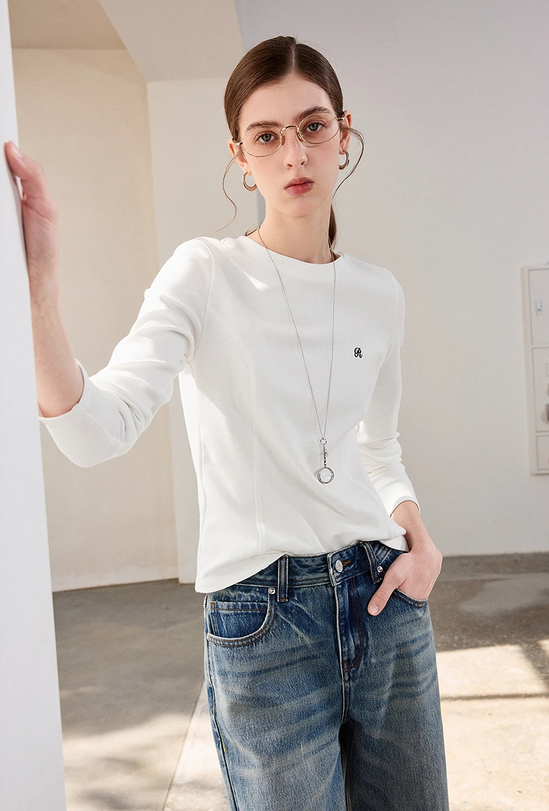 TOYOUTH Women T-Shirts 2026 Spring New Split Splicing Slim Fit Crew Neck Long Sleeve Figure Flattering Base Layer Casual Tops