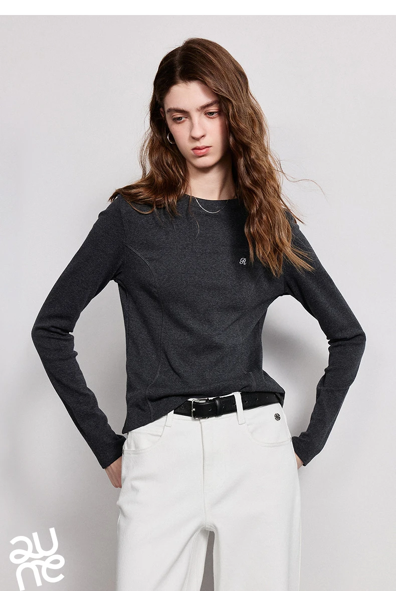 TOYOUTH Women T-Shirts 2026 Spring New Split Splicing Slim Fit Crew Neck Long Sleeve Figure Flattering Base Layer Casual Tops