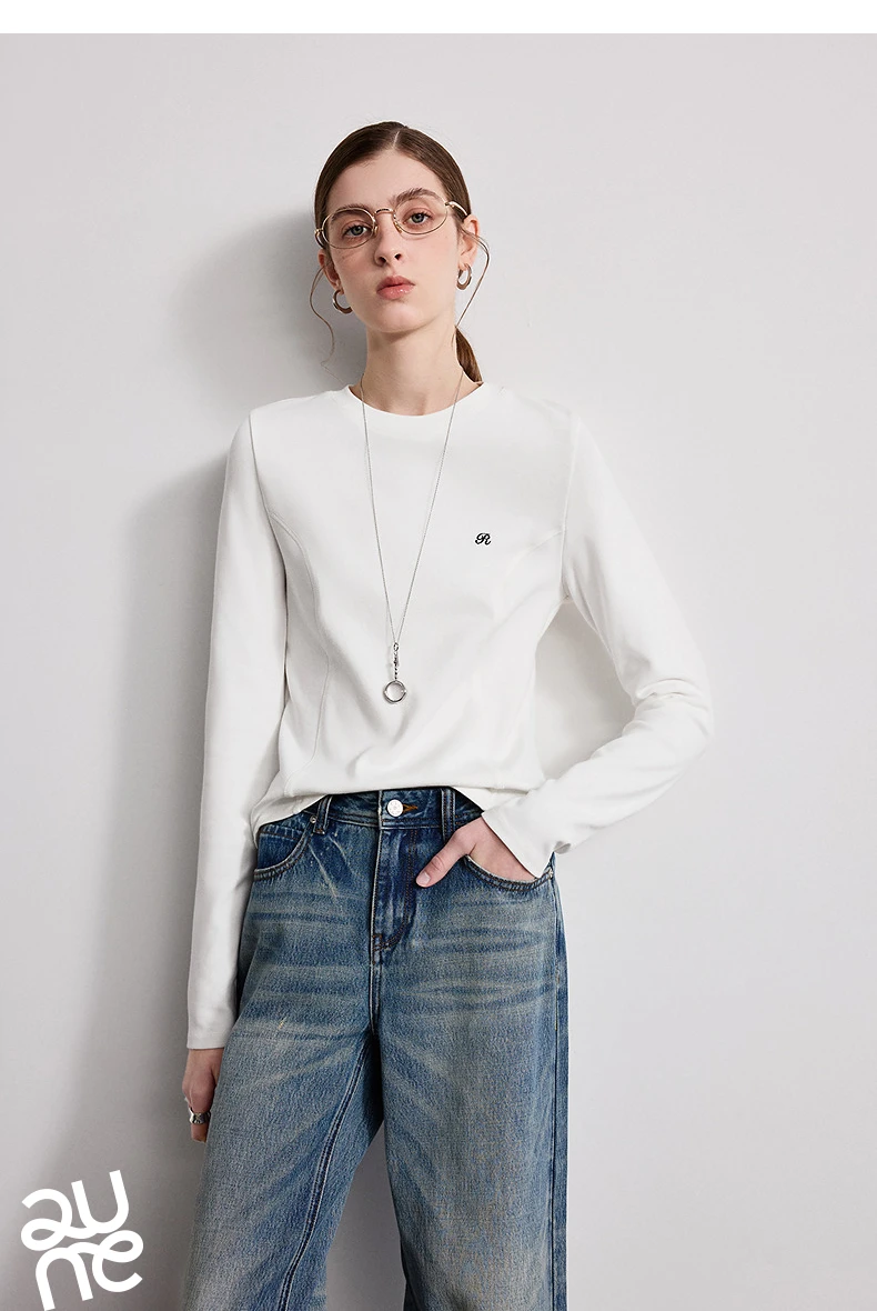 TOYOUTH Women T-Shirts 2026 Spring New Split Splicing Slim Fit Crew Neck Long Sleeve Figure Flattering Base Layer Casual Tops