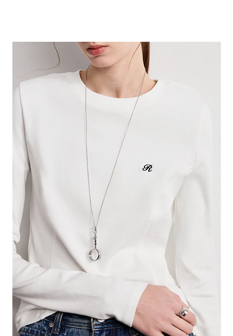 TOYOUTH Women T-Shirts 2026 Spring New Split Splicing Slim Fit Crew Neck Long Sleeve Figure Flattering Base Layer Casual Tops