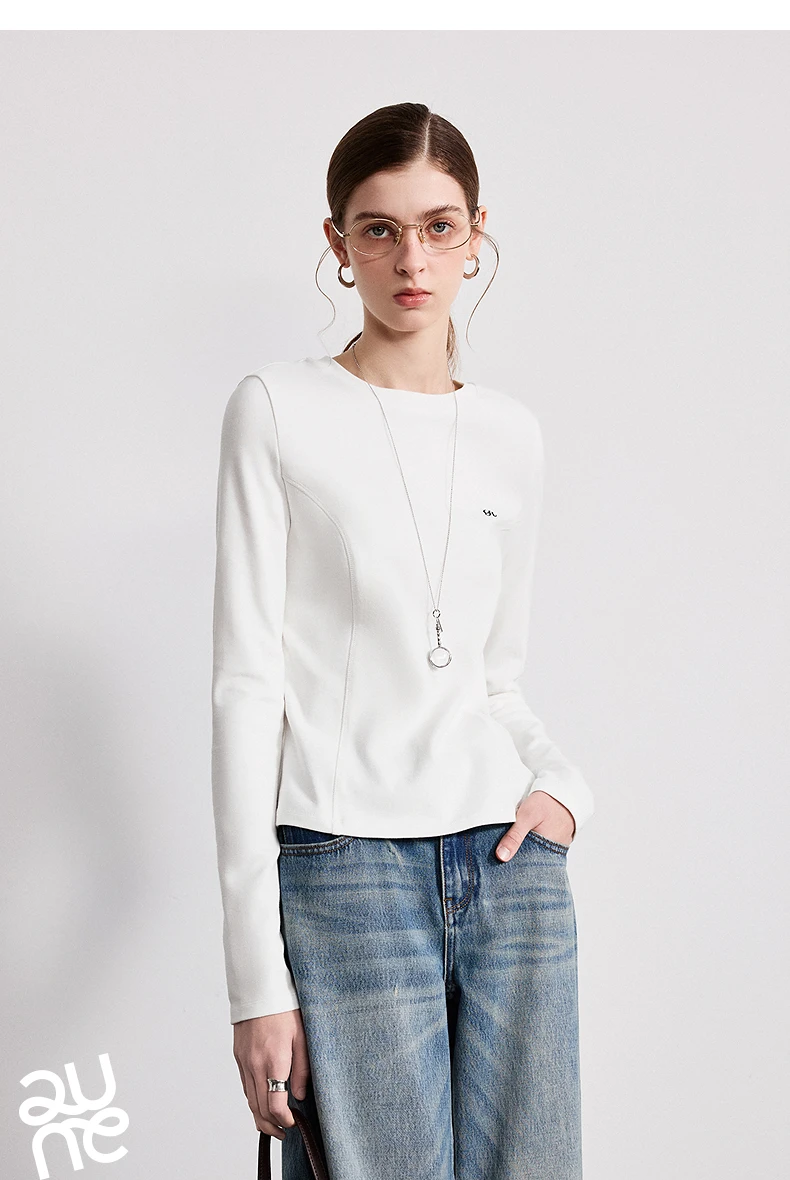 TOYOUTH Women T-Shirts 2026 Spring New Split Splicing Slim Fit Crew Neck Long Sleeve Figure Flattering Base Layer Casual Tops