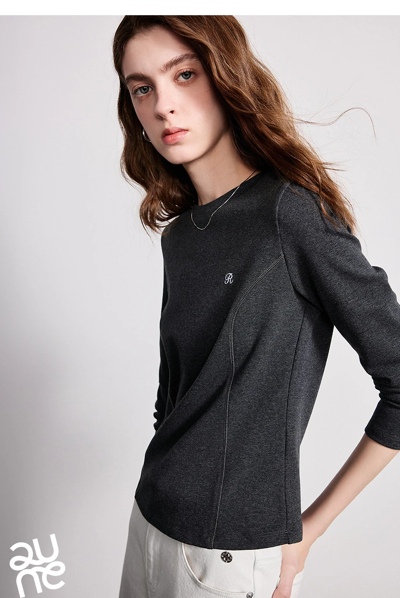 TOYOUTH Women T-Shirts 2026 Spring New Split Splicing Slim Fit Crew Neck Long Sleeve Figure Flattering Base Layer Casual Tops