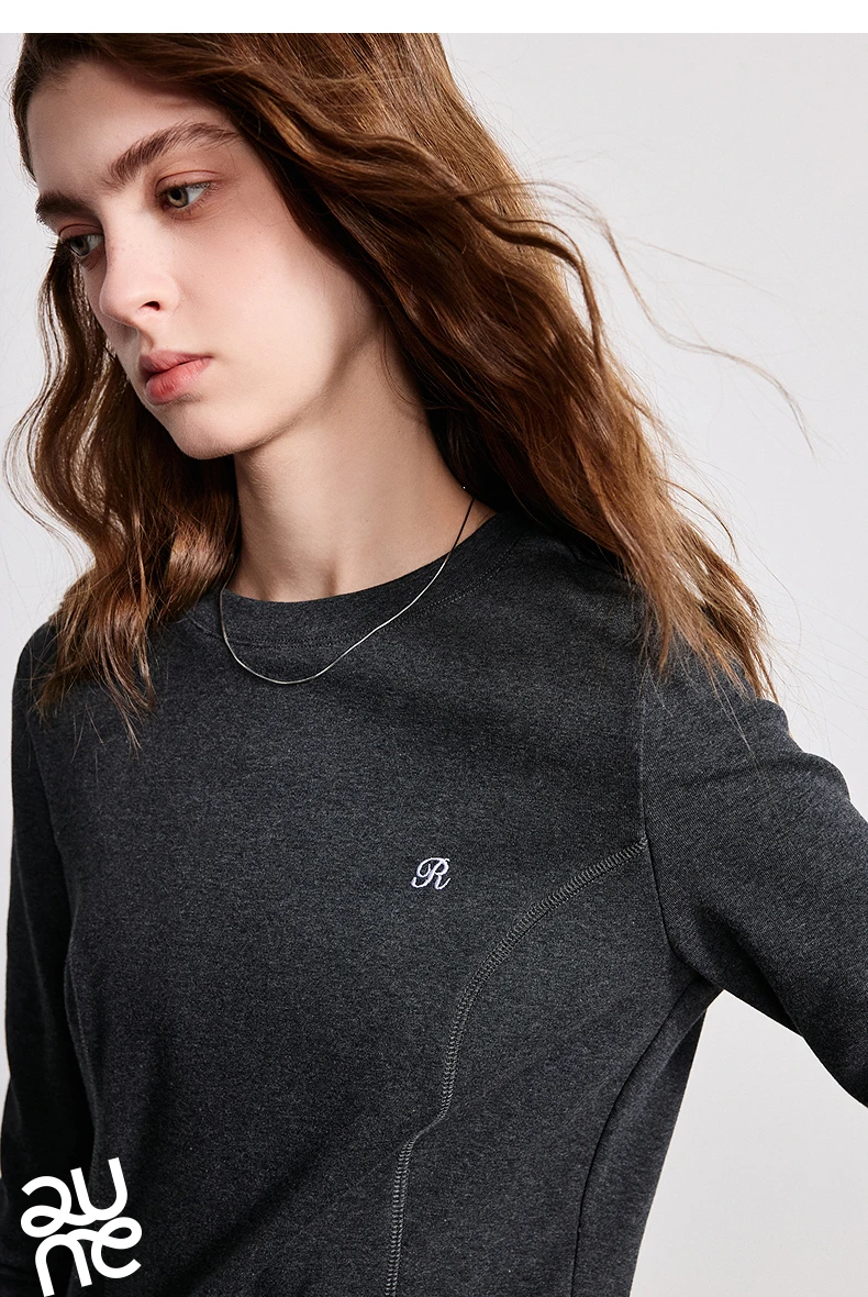 TOYOUTH Women T-Shirts 2026 Spring New Split Splicing Slim Fit Crew Neck Long Sleeve Figure Flattering Base Layer Casual Tops