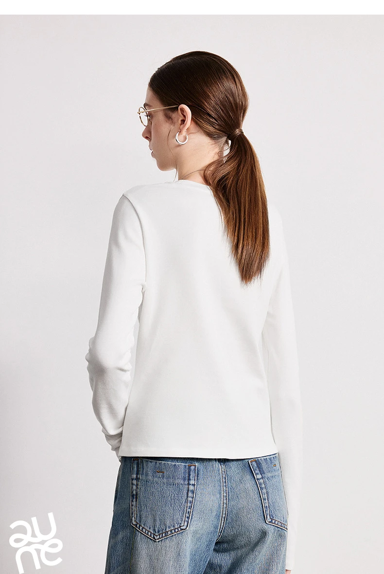 TOYOUTH Women T-Shirts 2026 Spring New Split Splicing Slim Fit Crew Neck Long Sleeve Figure Flattering Base Layer Casual Tops