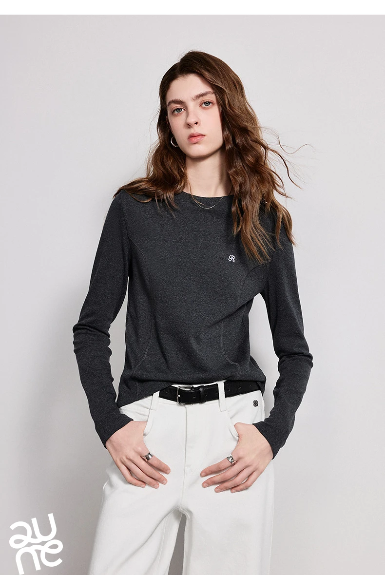 TOYOUTH Women T-Shirts 2026 Spring New Split Splicing Slim Fit Crew Neck Long Sleeve Figure Flattering Base Layer Casual Tops