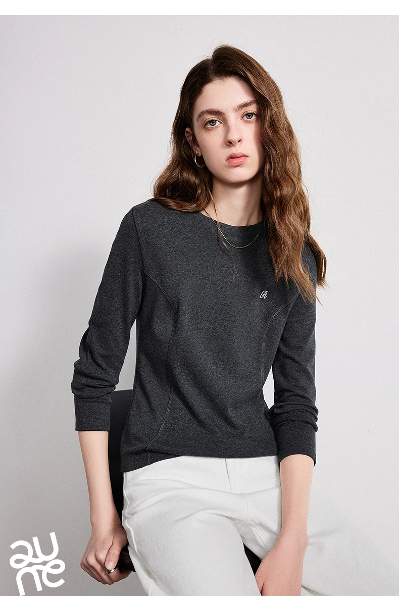 TOYOUTH Women T-Shirts 2026 Spring New Split Splicing Slim Fit Crew Neck Long Sleeve Figure Flattering Base Layer Casual Tops