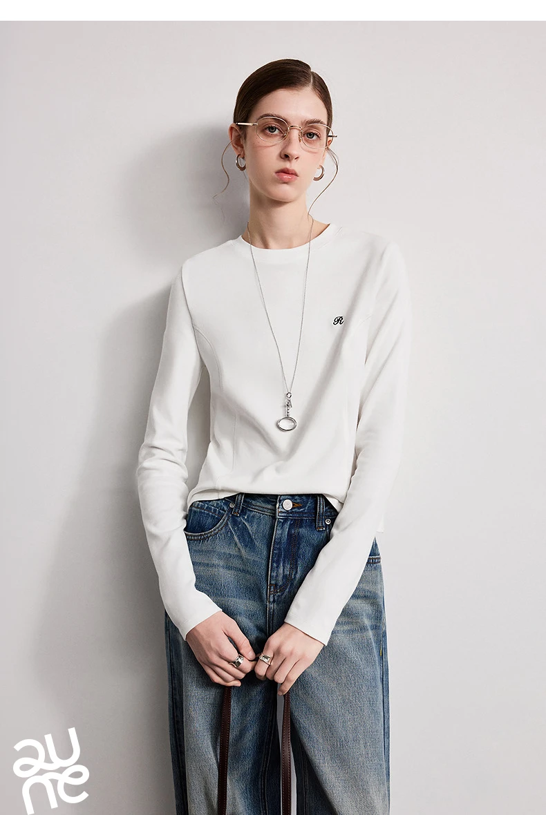 TOYOUTH Women T-Shirts 2026 Spring New Split Splicing Slim Fit Crew Neck Long Sleeve Figure Flattering Base Layer Casual Tops