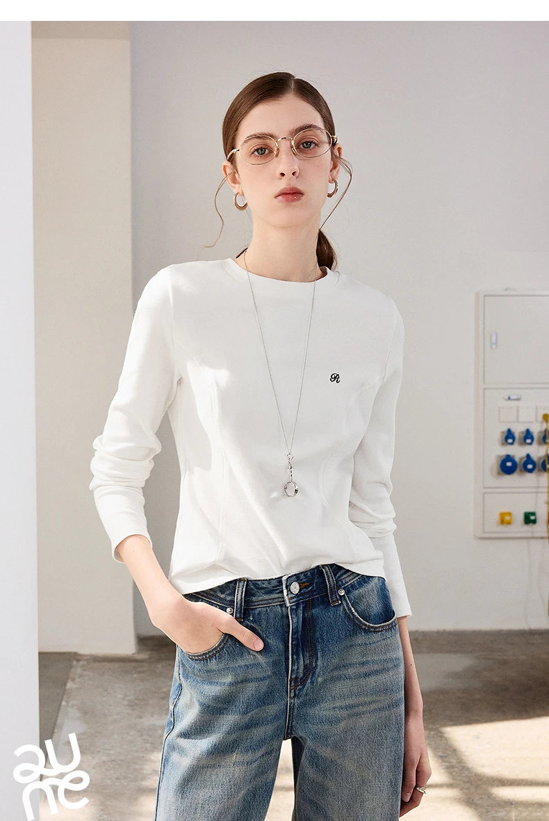 TOYOUTH Women T-Shirts 2026 Spring New Split Splicing Slim Fit Crew Neck Long Sleeve Figure Flattering Base Layer Casual Tops