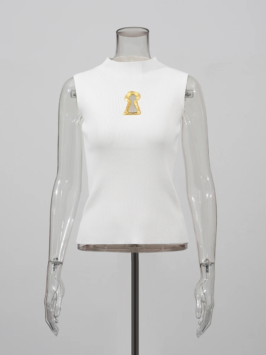 TWOTWINSTYLE Solid Spliced Metal Buckle Slimming T Shirts For Women Turtleneck Sleeveless Minimalist T Shirt Female Fashion New
