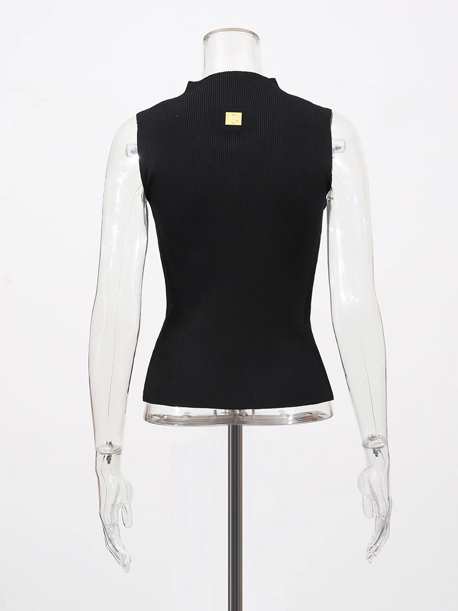 TWOTWINSTYLE Solid Spliced Metal Buckle Slimming T Shirts For Women Turtleneck Sleeveless Minimalist T Shirt Female Fashion New