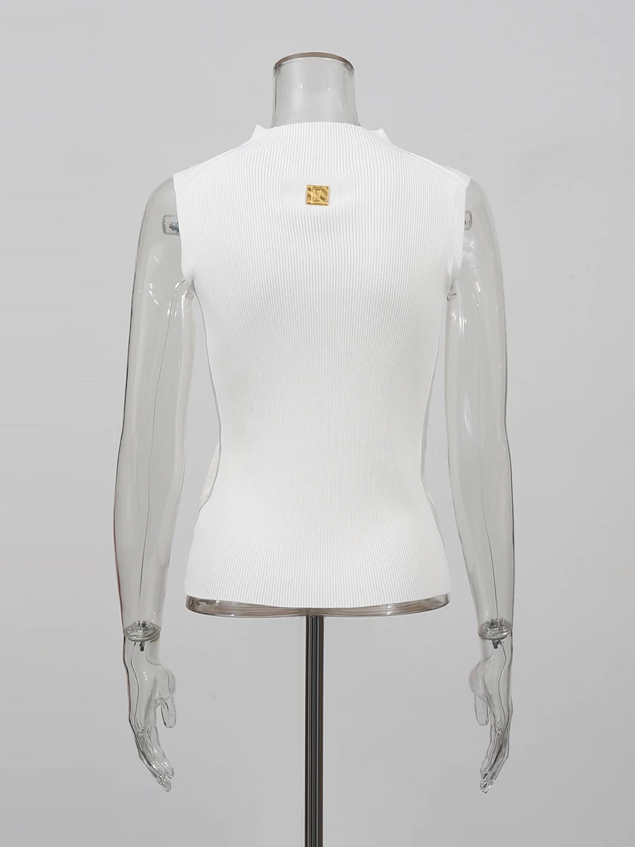 TWOTWINSTYLE Solid Spliced Metal Buckle Slimming T Shirts For Women Turtleneck Sleeveless Minimalist T Shirt Female Fashion New