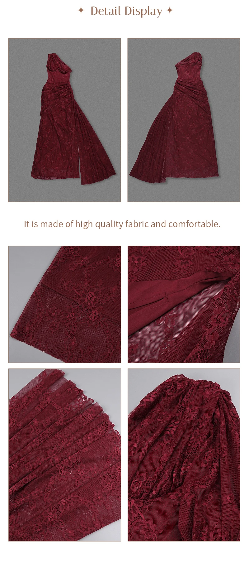 VC Elegant One-Shoulder Burgundy Lace Long Dresses for Women – Slim Fit Draped Formal Party Dress Sexy Sheer Lace Maxi Dress