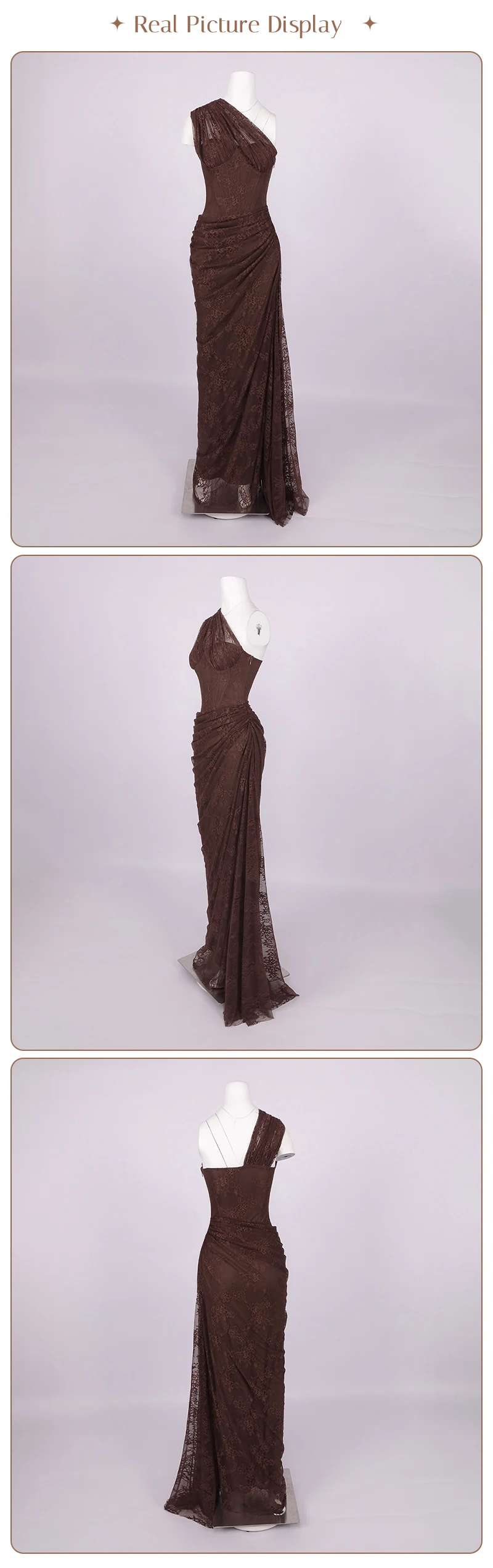 VC Elegant One-Shoulder Burgundy Lace Long Dresses for Women – Slim Fit Draped Formal Party Dress Sexy Sheer Lace Maxi Dress