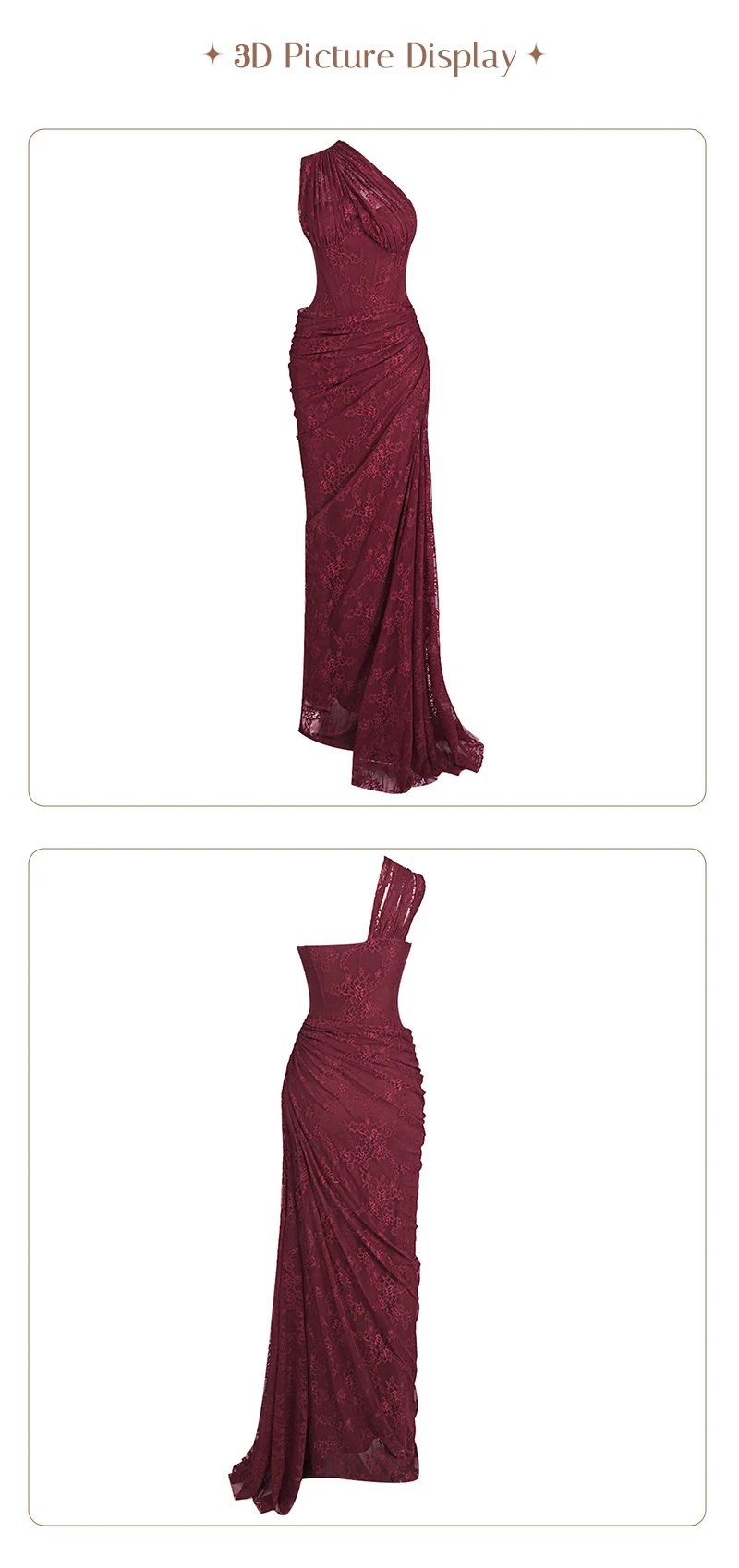VC Elegant One-Shoulder Burgundy Lace Long Dresses for Women – Slim Fit Draped Formal Party Dress Sexy Sheer Lace Maxi Dress
