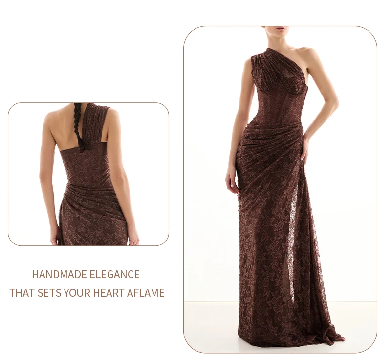 VC Elegant One-Shoulder Burgundy Lace Long Dresses for Women – Slim Fit Draped Formal Party Dress Sexy Sheer Lace Maxi Dress