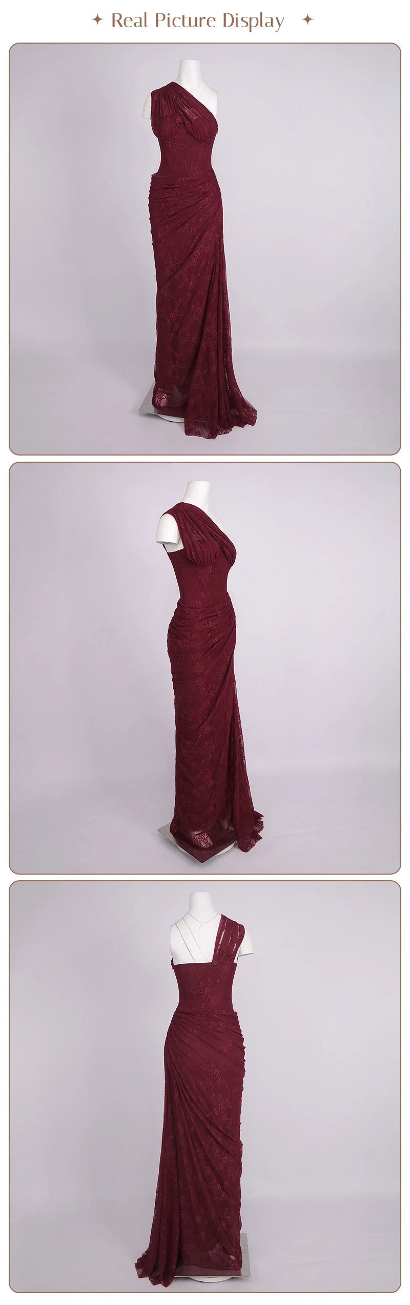 VC Elegant One-Shoulder Burgundy Lace Long Dresses for Women – Slim Fit Draped Formal Party Dress Sexy Sheer Lace Maxi Dress