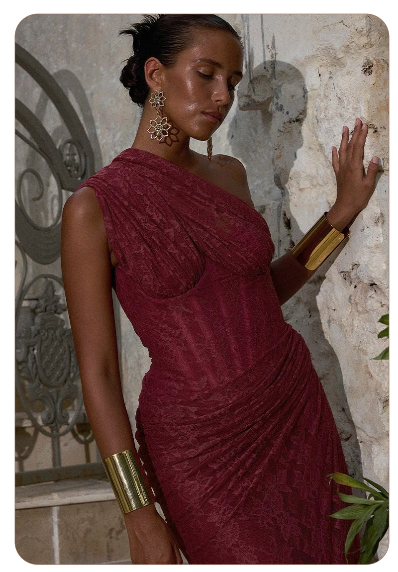 VC Elegant One-Shoulder Burgundy Lace Long Dresses for Women – Slim Fit Draped Formal Party Dress Sexy Sheer Lace Maxi Dress