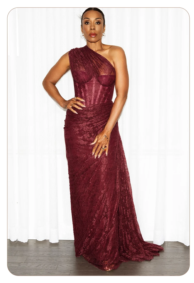 VC Elegant One-Shoulder Burgundy Lace Long Dresses for Women – Slim Fit Draped Formal Party Dress Sexy Sheer Lace Maxi Dress