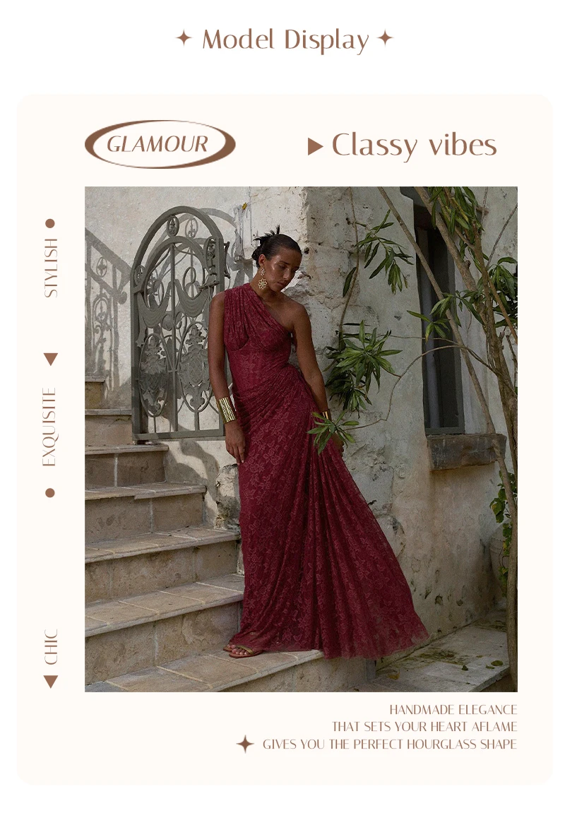 VC Elegant One-Shoulder Burgundy Lace Long Dresses for Women – Slim Fit Draped Formal Party Dress Sexy Sheer Lace Maxi Dress