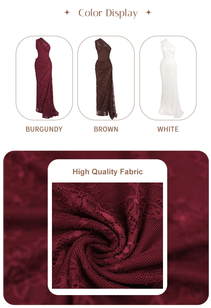 VC Elegant One-Shoulder Burgundy Lace Long Dresses for Women – Slim Fit Draped Formal Party Dress Sexy Sheer Lace Maxi Dress