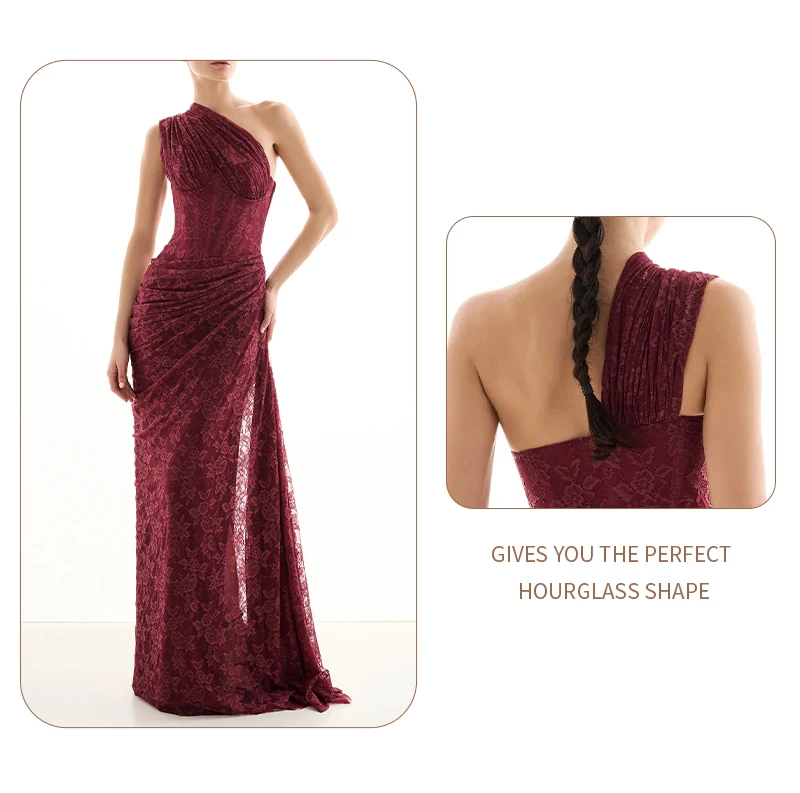 VC Elegant One-Shoulder Burgundy Lace Long Dresses for Women – Slim Fit Draped Formal Party Dress Sexy Sheer Lace Maxi Dress