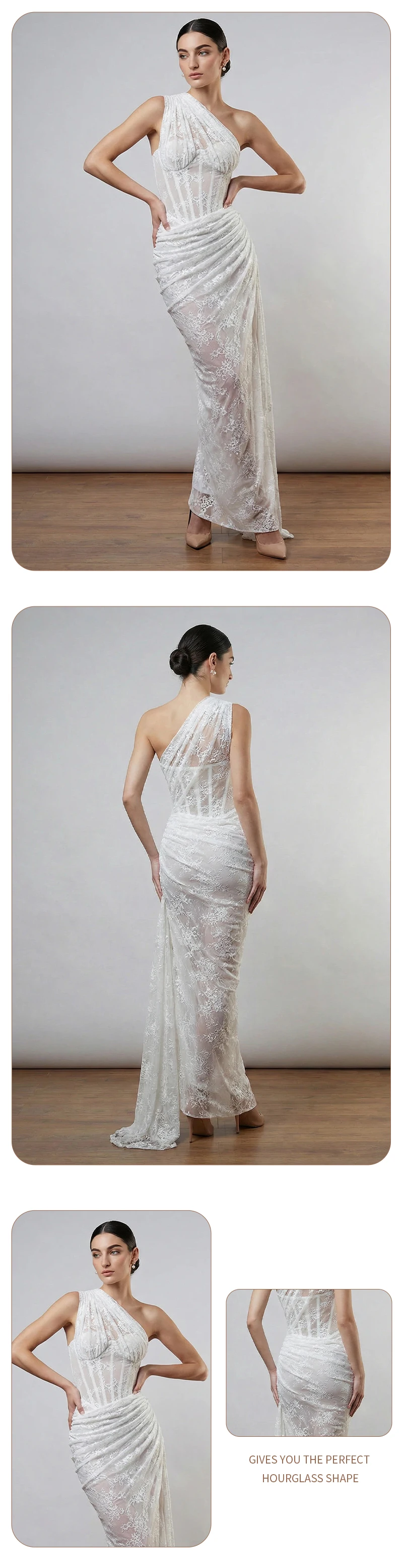 VC Elegant One-Shoulder Burgundy Lace Long Dresses for Women – Slim Fit Draped Formal Party Dress Sexy Sheer Lace Maxi Dress