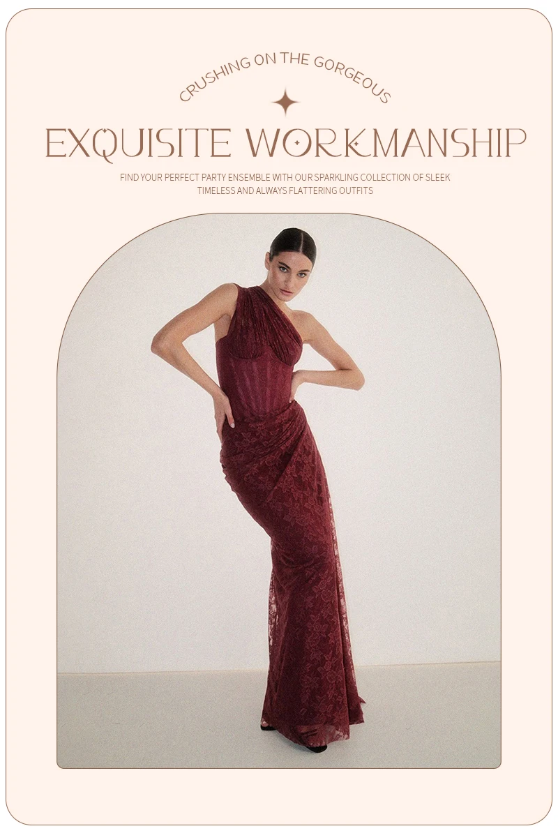 VC Elegant One-Shoulder Burgundy Lace Long Dresses for Women – Slim Fit Draped Formal Party Dress Sexy Sheer Lace Maxi Dress