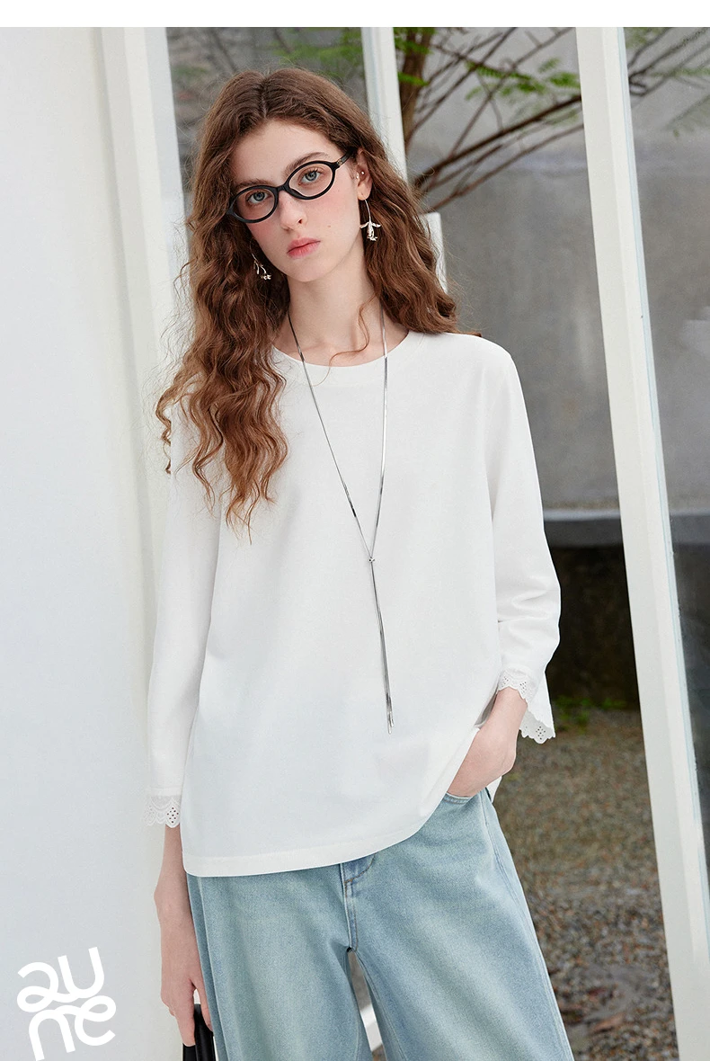 TOYOUTH Women's Long Sleeve Tee 2026 Autumn New Cotton Feel Lace Round Neck Ruffled Cuff Ballet Style French Chic Casual Tops