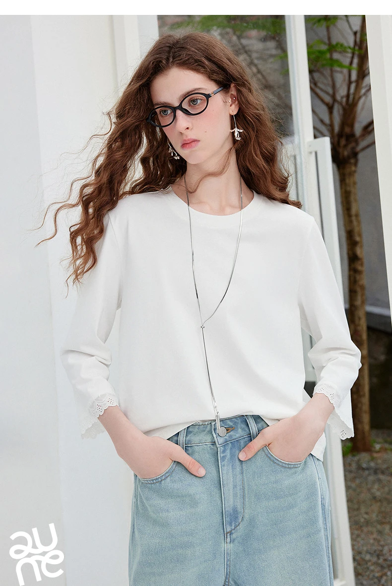 TOYOUTH Women's Long Sleeve Tee 2026 Autumn New Cotton Feel Lace Round Neck Ruffled Cuff Ballet Style French Chic Casual Tops