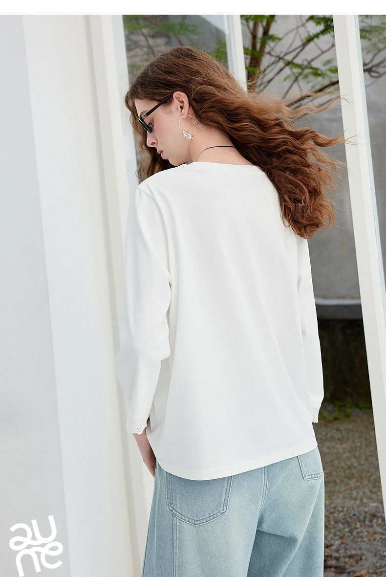 TOYOUTH Women's Long Sleeve Tee 2026 Autumn New Cotton Feel Lace Round Neck Ruffled Cuff Ballet Style French Chic Casual Tops