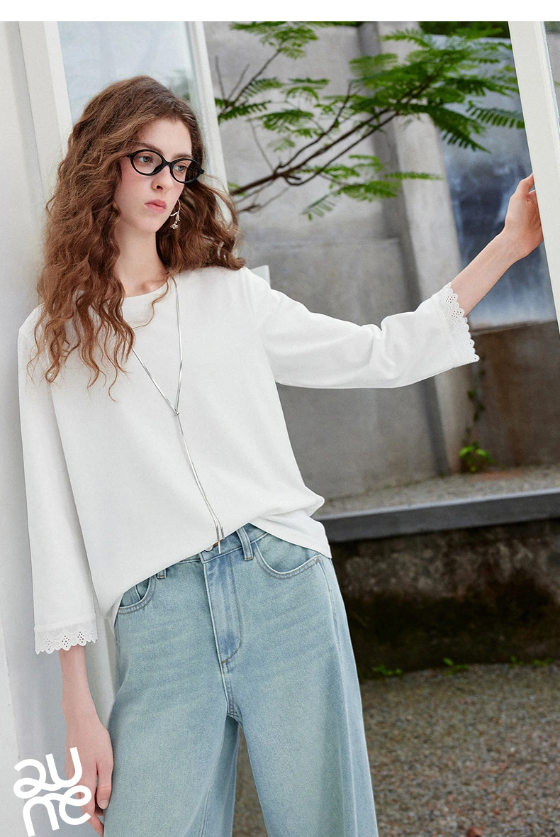 TOYOUTH Women's Long Sleeve Tee 2026 Autumn New Cotton Feel Lace Round Neck Ruffled Cuff Ballet Style French Chic Casual Tops