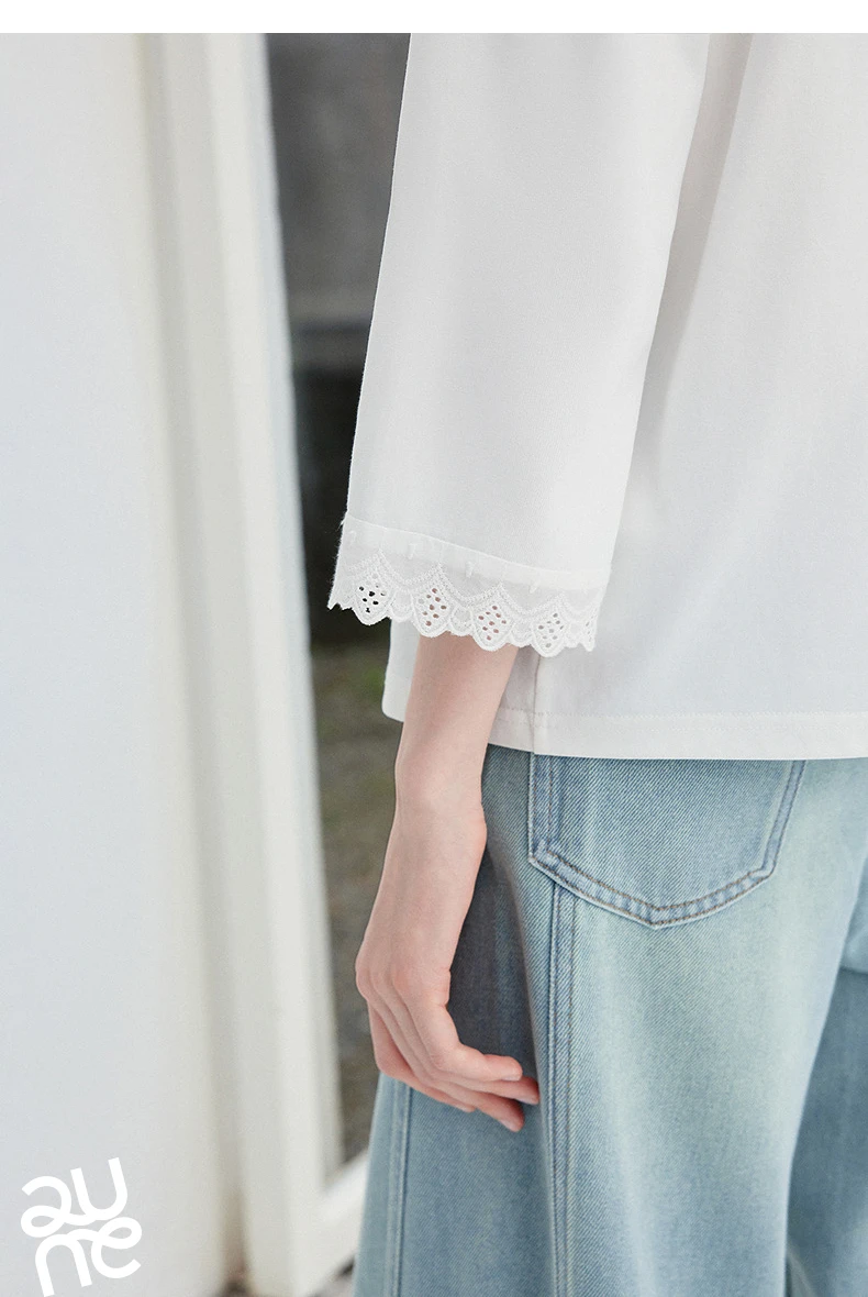 TOYOUTH Women's Long Sleeve Tee 2026 Autumn New Cotton Feel Lace Round Neck Ruffled Cuff Ballet Style French Chic Casual Tops