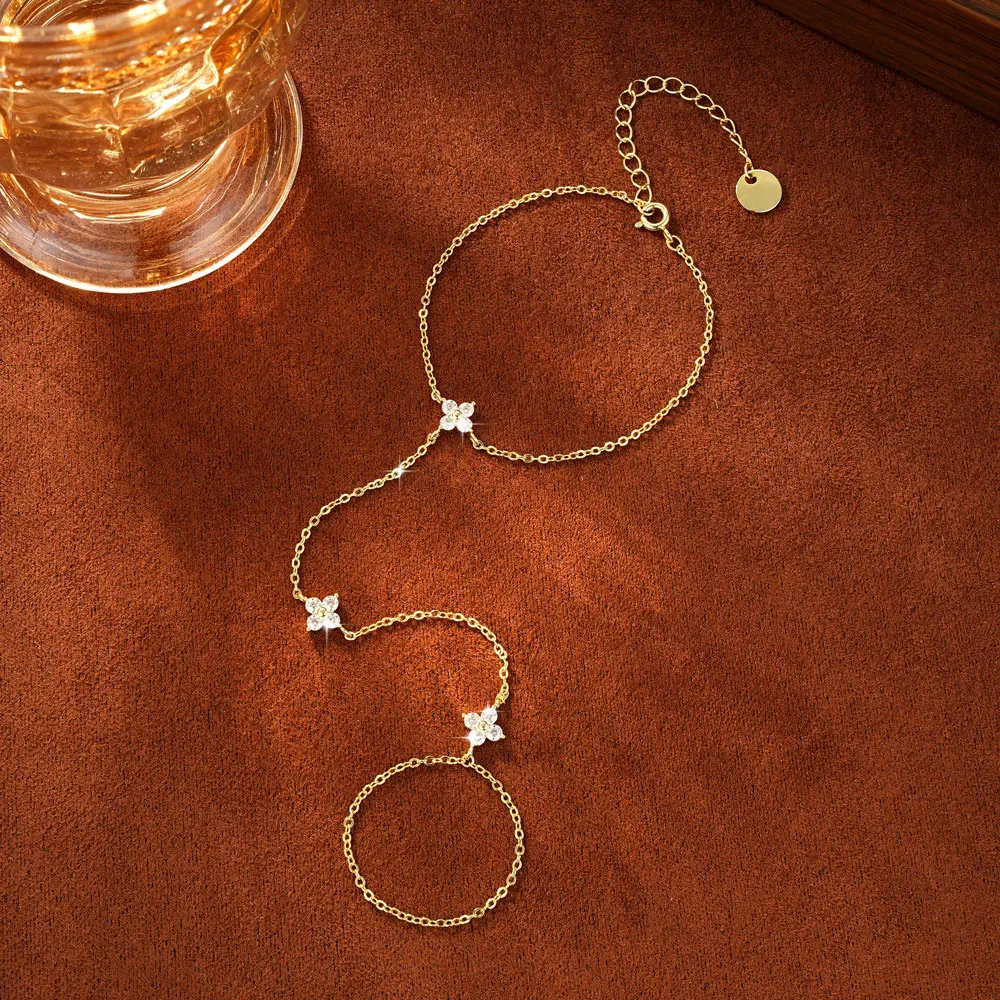Lnkry 2.5mm Certified Moissanite Ring Bracelet 14k Gold Filled Four Leaf Flower Bracelet With Ring Hand Chain Stackable Jewelry