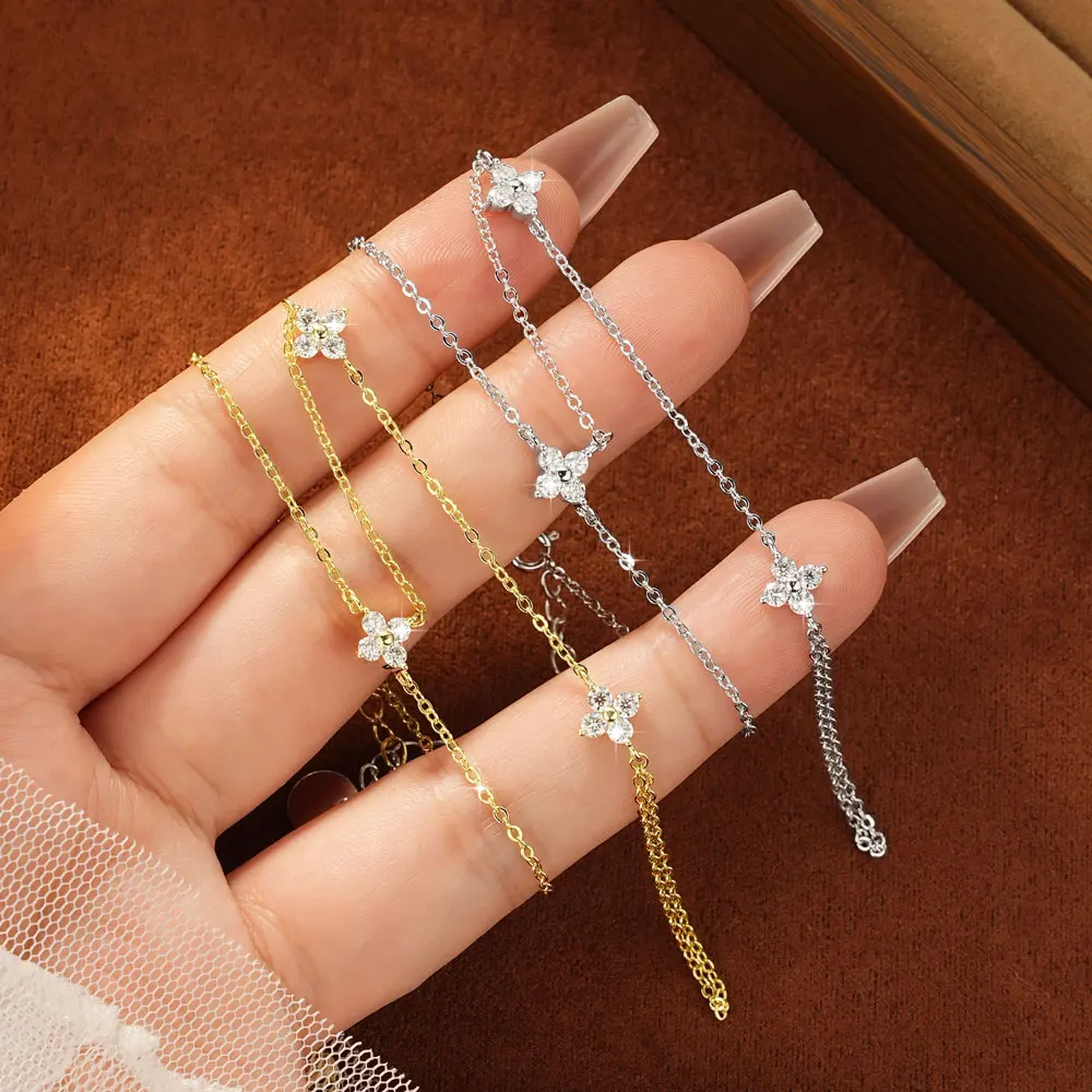Lnkry 2.5mm Certified Moissanite Ring Bracelet 14k Gold Filled Four Leaf Flower Bracelet With Ring Hand Chain Stackable Jewelry