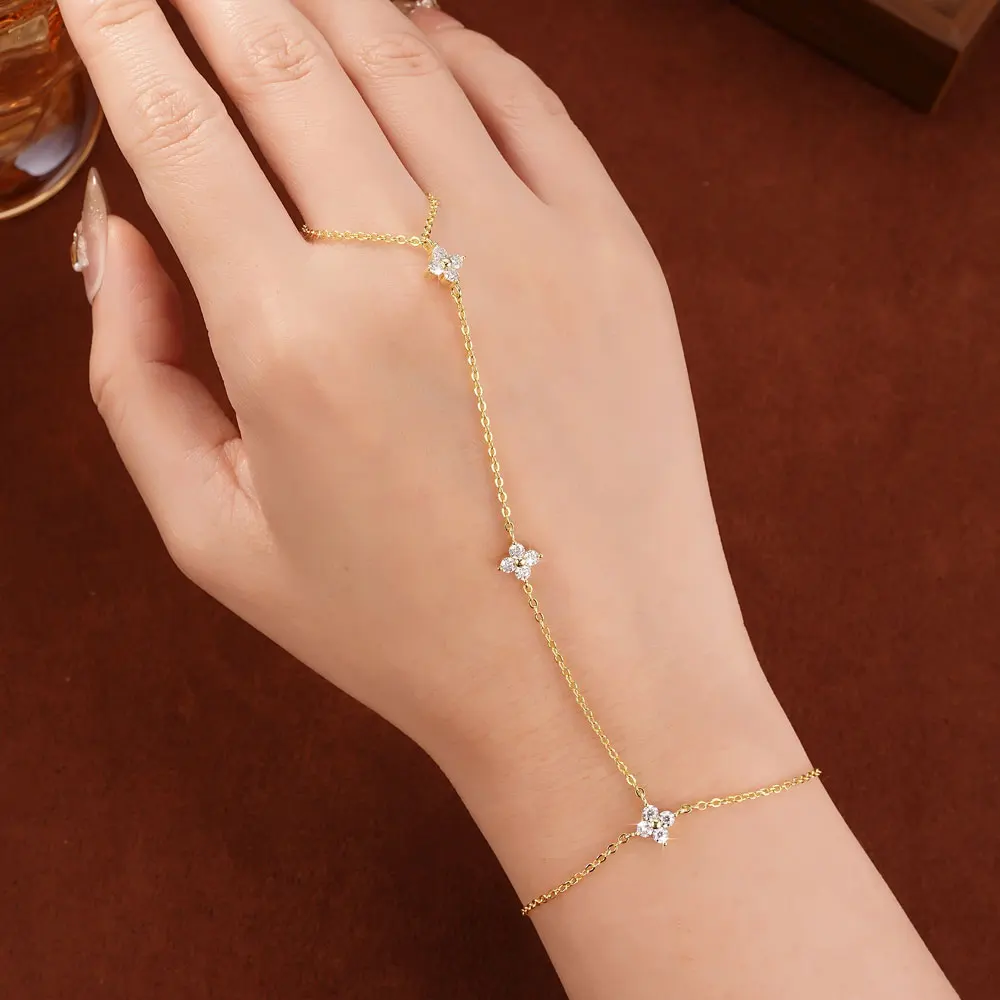 Lnkry 2.5mm Certified Moissanite Ring Bracelet 14k Gold Filled Four Leaf Flower Bracelet With Ring Hand Chain Stackable Jewelry