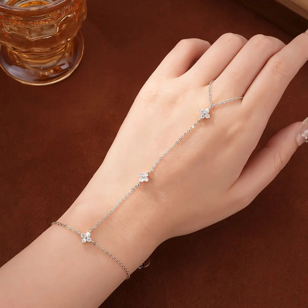 Lnkry 2.5mm Certified Moissanite Ring Bracelet 14k Gold Filled Four Leaf Flower Bracelet With Ring Hand Chain Stackable Jewelry
