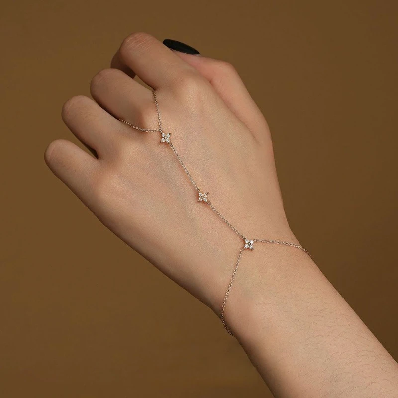 Lnkry 2.5mm Certified Moissanite Ring Bracelet 14k Gold Filled Four Leaf Flower Bracelet With Ring Hand Chain Stackable Jewelry