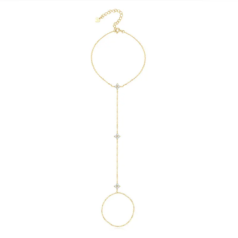 Lnkry 2.5mm Certified Moissanite Ring Bracelet 14k Gold Filled Four Leaf Flower Bracelet With Ring Hand Chain Stackable Jewelry