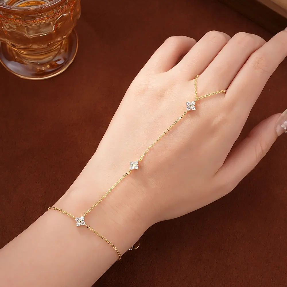 Lnkry 2.5mm Certified Moissanite Ring Bracelet 14k Gold Filled Four Leaf Flower Bracelet With Ring Hand Chain Stackable Jewelry