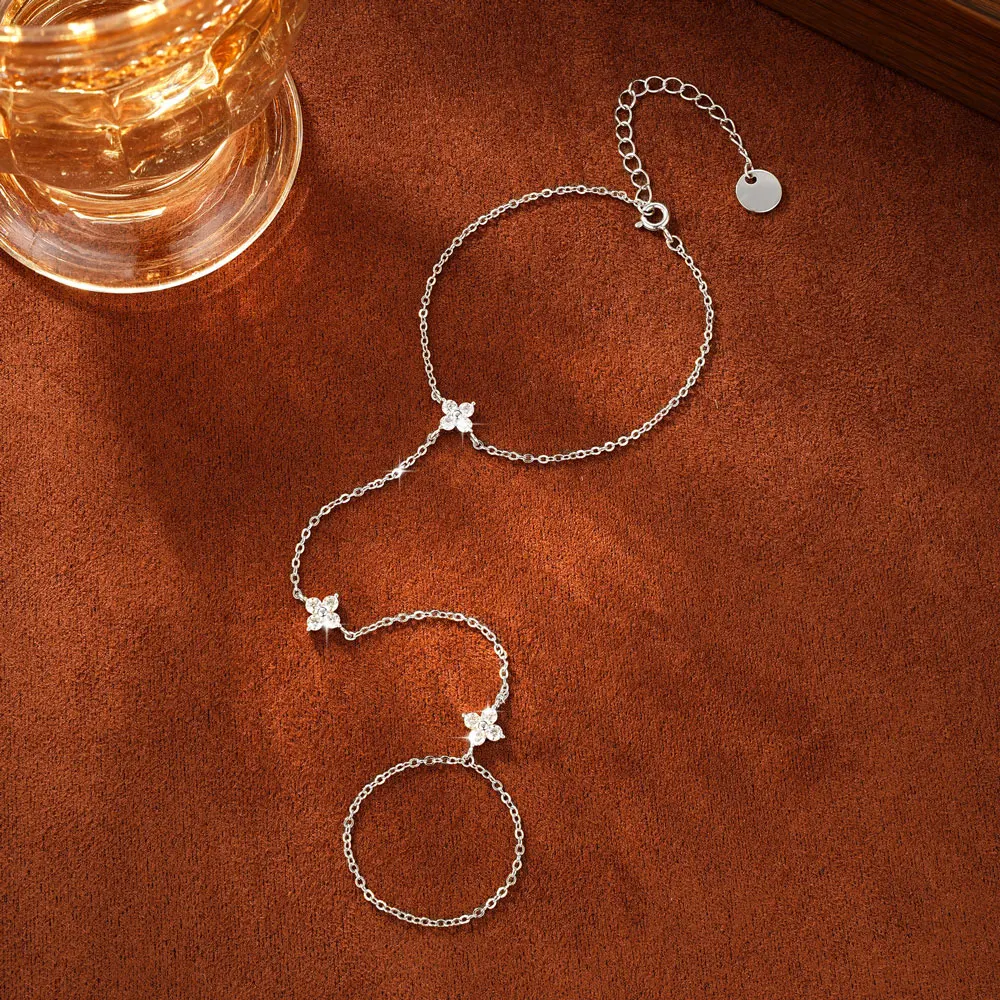Lnkry 2.5mm Certified Moissanite Ring Bracelet 14k Gold Filled Four Leaf Flower Bracelet With Ring Hand Chain Stackable Jewelry
