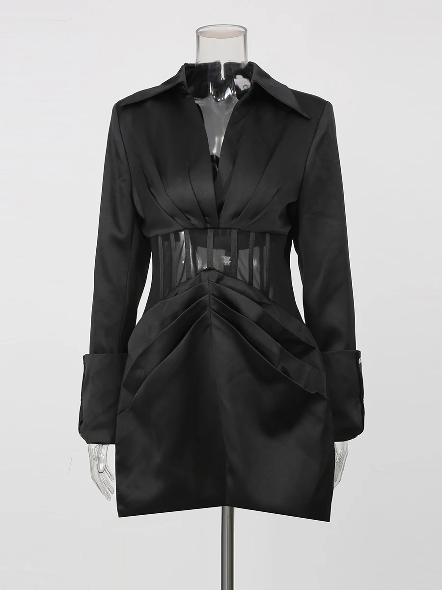 TWOTWINSTYLE Slimming Patchwork Mesh Dresses for Women V Neck Long Sleeve High Waist Mini Elegant Dress Female Fashion Clothing